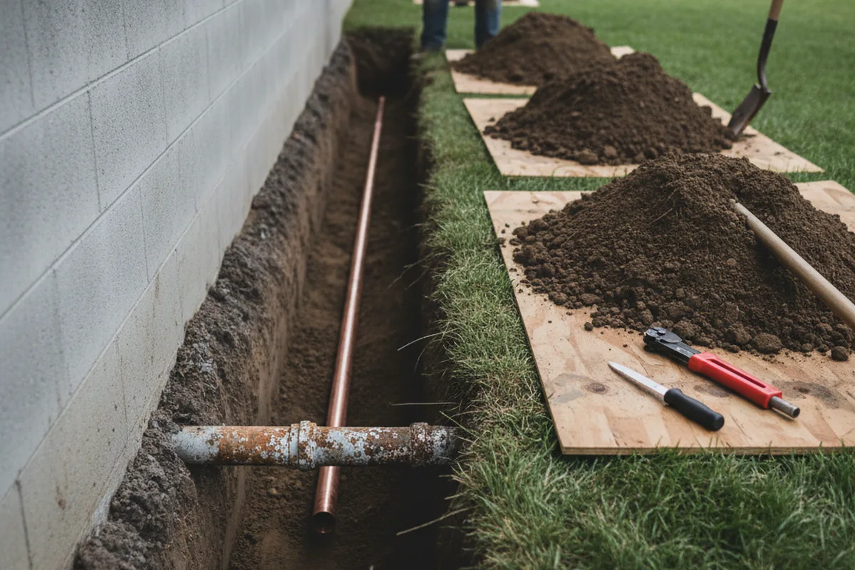 Excavated water line trench during Water Softener Installation in Lyndora